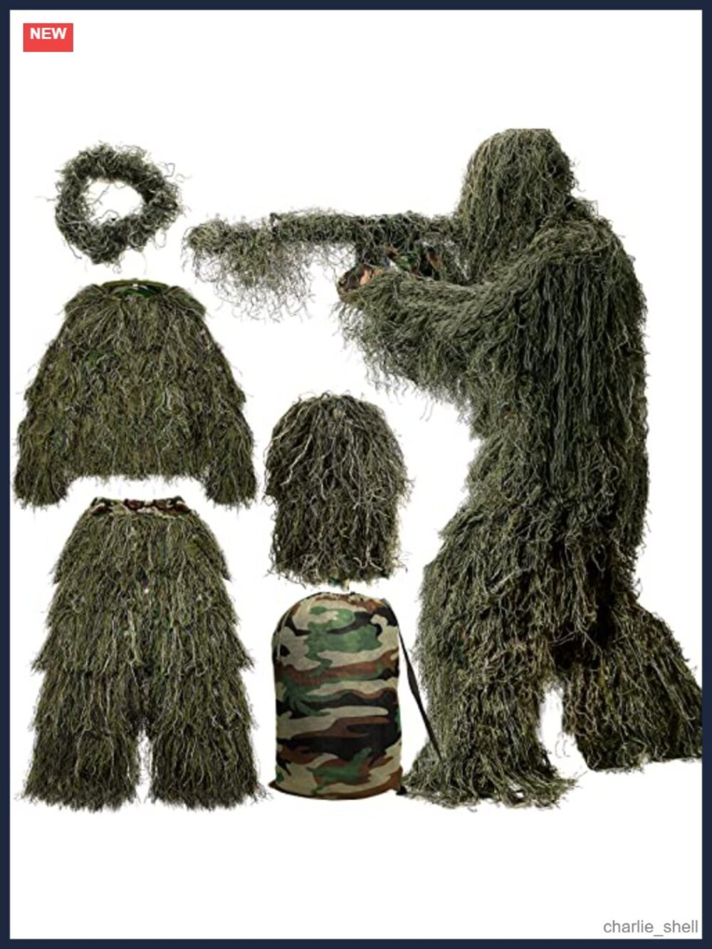 5-Piece Ghillie Suit Hunting Camo Set Jacket Pants Hood Gun Wrap Bag